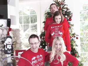 Brunette Fucks With Boy Behind Sofa While Parents Watch TV